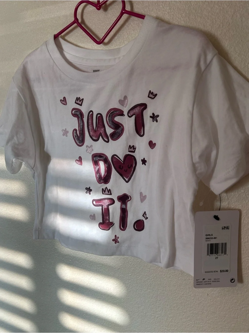 Nike White Short-Sleeve Tee with Pink Metallic 'JUST DO IT.' Graphic